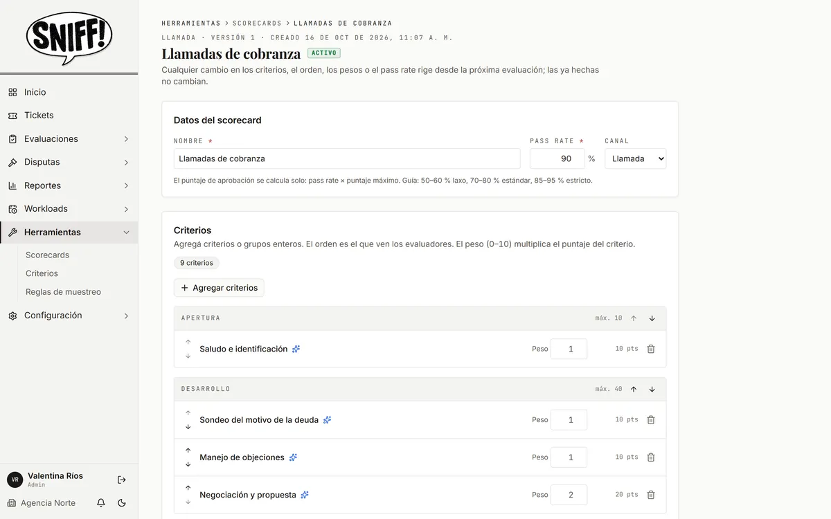 Editor de un scorecard con sus criterios y pesos